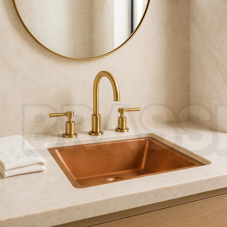 Engraved Moroccan Square Drop-In Bathroom Vessel Sink – Hammered Farmhouse Bathroom Sink Set – Artisan Round Hammered Gold Bathroom Basin image 1