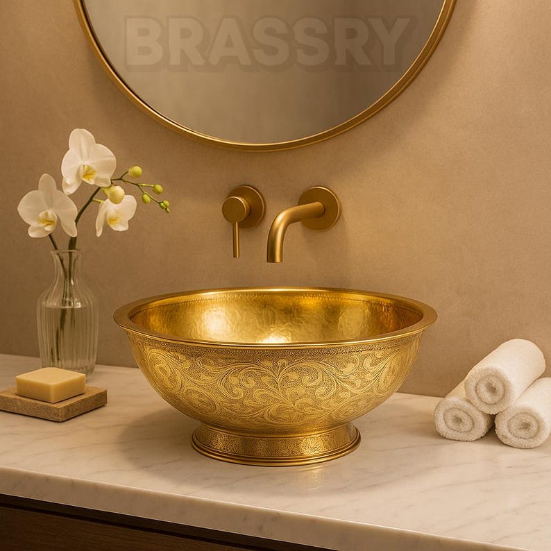 Handcrafted Hammered Brass Bowl Sink – Unlacquered Vessel Sink with Moroccan Engraving – Luxury Bathroom Vanity Basin image 1