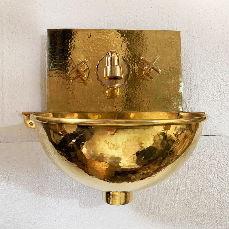 Moroccan Hammered Brass Wall Mount Bathroom Sink with Faucet Combo – Unlacquered Brass Round Bowl Vanity Sink – Handmade Basin Set image 1