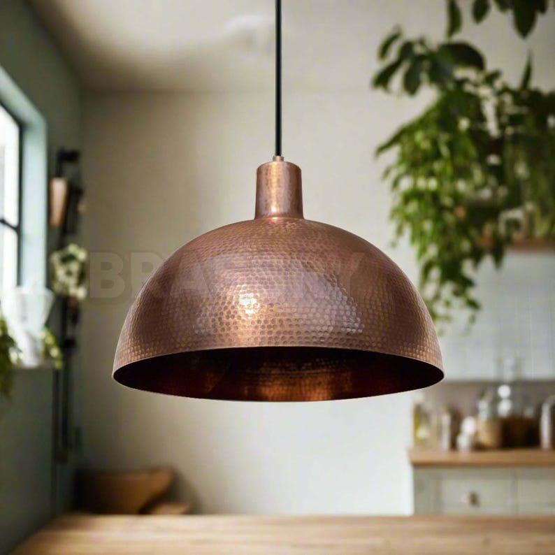 Handcrafted Moroccan Hammered Metal Copper Pendant Light – Dome Ceiling Lamp for Kitchen Island, Dining Room, or Boho Interior Lighting image 1