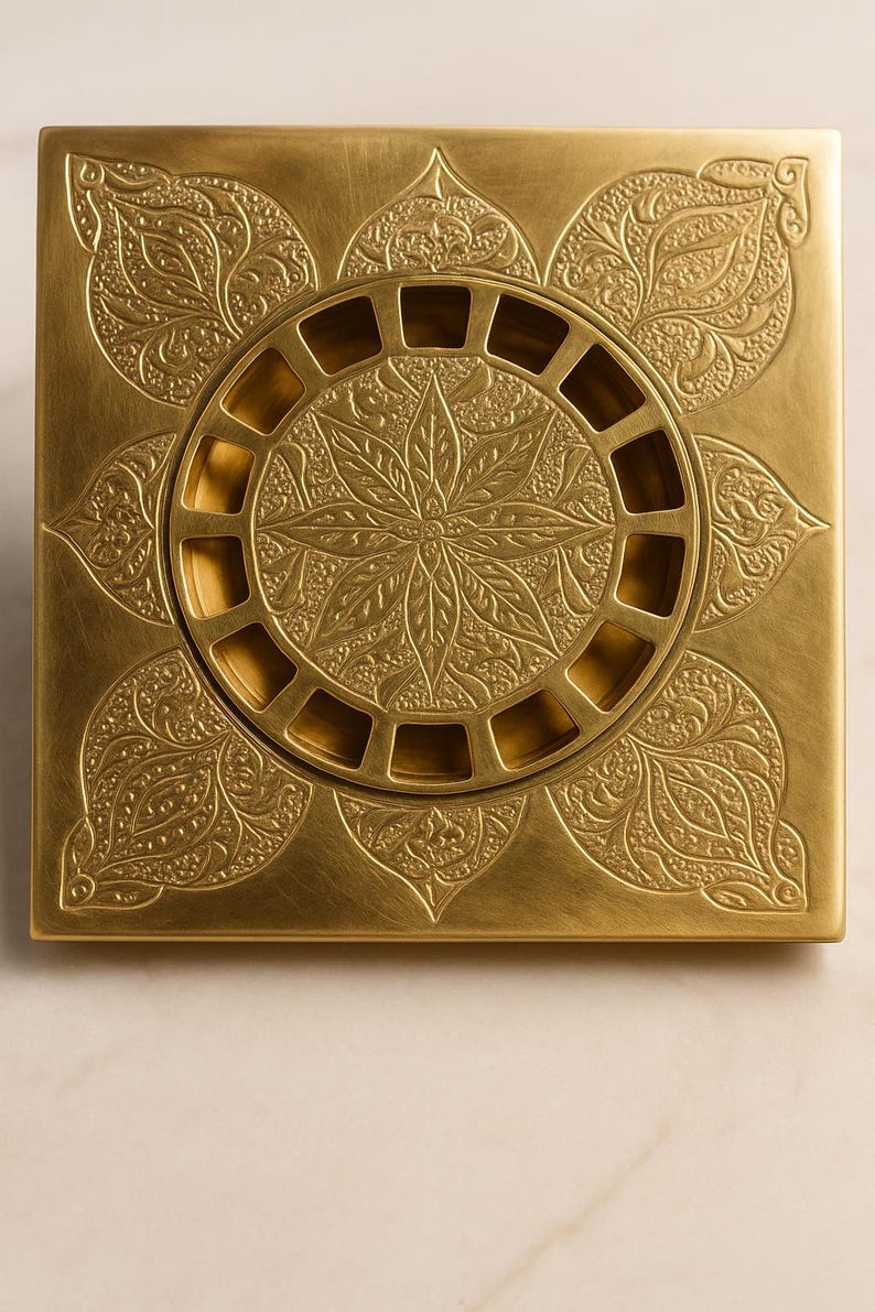 Handmade Moroccan Engraved Brass Shower Drain – Copper Finish Floor Drain Cover, Solid Brass Square Drain for Bathroom Square Antique Style image 1