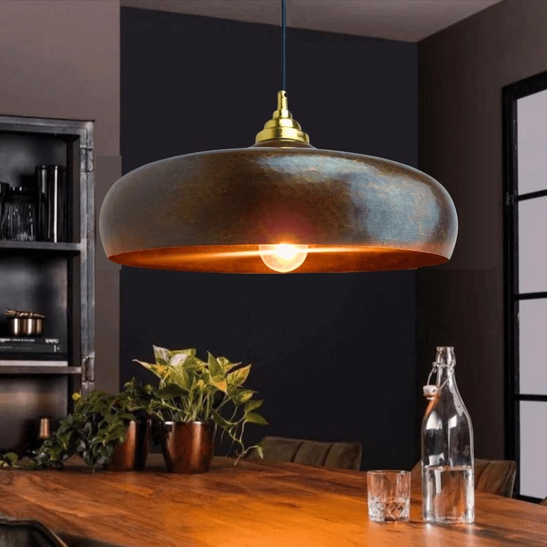 Rustic Moroccan Copper Pendant Light – Handmade Industrial Dome Ceiling Lamp for Kitchen Island or Dining Room Lighting image 1