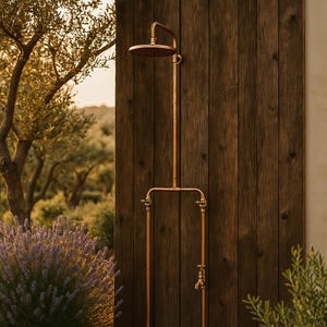 May include: Outdoor copper shower fixture with a round showerhead and a faucet. The shower is mounted on a dark brown wooden wall. The shower is surrounded by greenery and a tree.