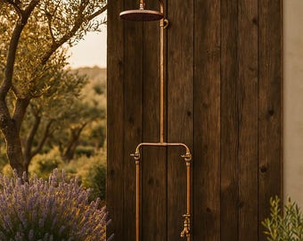 Handmade Outdoor Copper Shower with Foot Tap, Wall Mount Garden & Poolside Shower, Hot Cold Brass Valves, Rustic Patio Backyard Bath Fixture