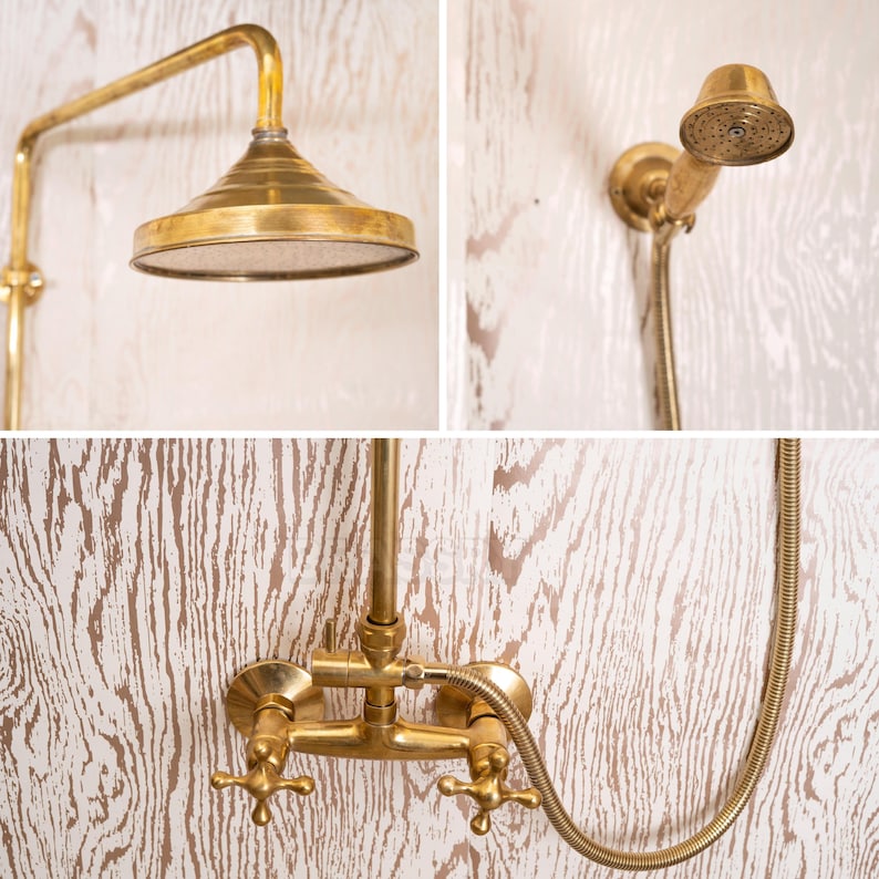 Unlacquered Brass Shower System – Vintage Wall-Mount Fixture