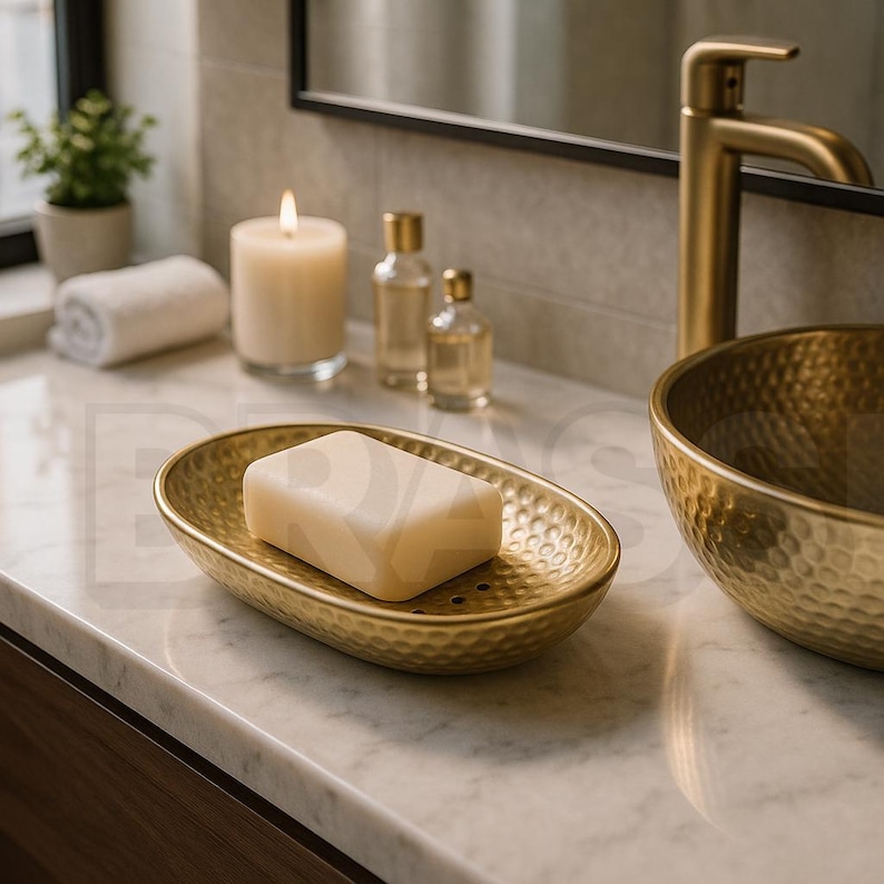 Moroccan Hammered Brass Soap Holder – Vessel Sink & Faucet on Marble Countertop, Modern Soap Holder Dish for farmhouse bathroom sinks image 3