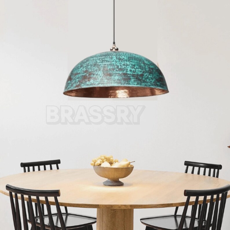 Rusted Moroccan Hammered Metal Copper Pendant Light – Dome Ceiling Lamp for Kitchen Island, Oxidized Copper Farmhouse Light image 1