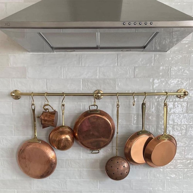 Handmade Moroccan Brass Rail Rack with Hooks – Unlacquered Solid Brass Kitchen Organizer