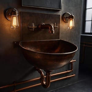 May include: A vintage-style copper sink with matching faucet and fixtures. The sink is mounted on a dark gray wall, with two Edison bulb sconces on either side. The warm glow of the bulbs contrasts with the cool tones of the wall and sink.