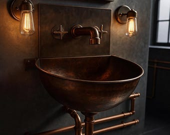 Wall Mounted Moroccan Copper Bathroom Sink Set, Rustic Copper Bowl Basin with Mixer Faucet, Handmade Antique Vanity Sink Combo