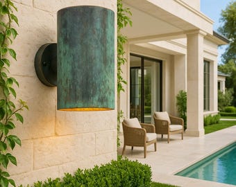 Outdoor Moroccan Copper Wall Sconce – Handcrafted Cylinder Green Patina Copper Light, Rustic Waterproof Exterior Wall Fixture for Entryway