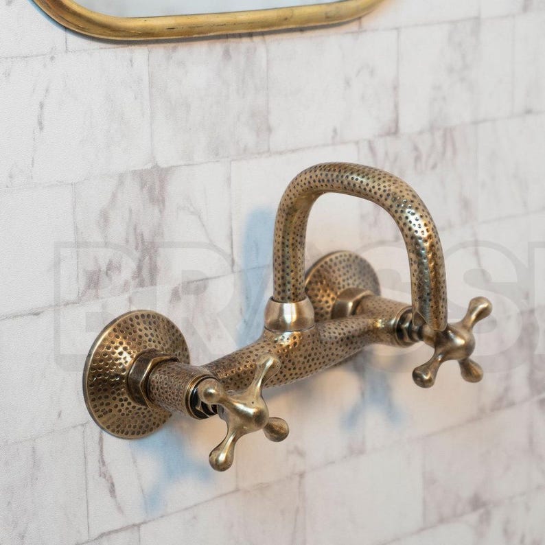 Moroccan Hammered Brass Wall Mount Faucet – Handmade Style Oil-Rubbed Bathroom Sink Tap with Cross Handles, Copper Kitchen Water Mixer Tap image 1