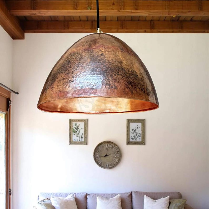 Rusted Moroccan Hammered Metal Copper Pendant Light – Dome Ceiling Lamp for Kitchen Island, Oxidized Copper Farmhouse Light