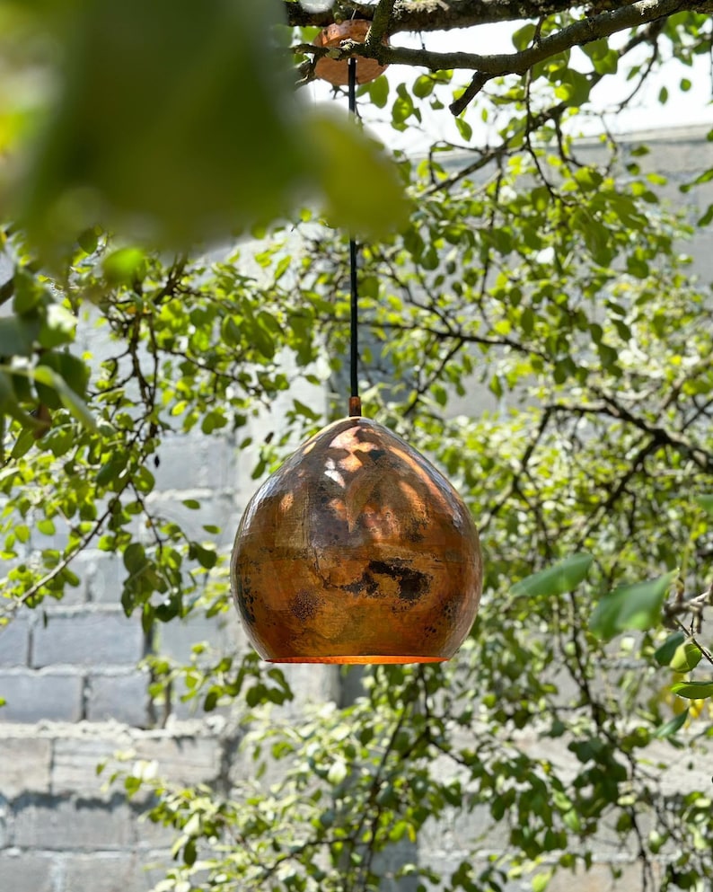 Handcrafted Copper Outdoor Pendant Light – Rustic Patina Hanging Lamp for Garden, Patio, or Entryway – Luxury Weatherproof Lighting