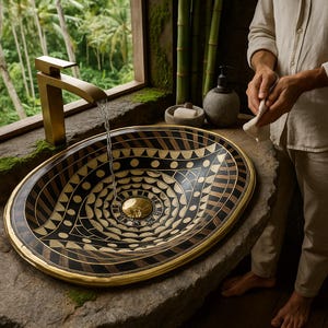 Handmade Moroccan Brass Sink, Bone Resin Drop-In Vanity Basin, Luxury Oval Bathroom Sink with Artisan Inlay Design, Countertop Sink