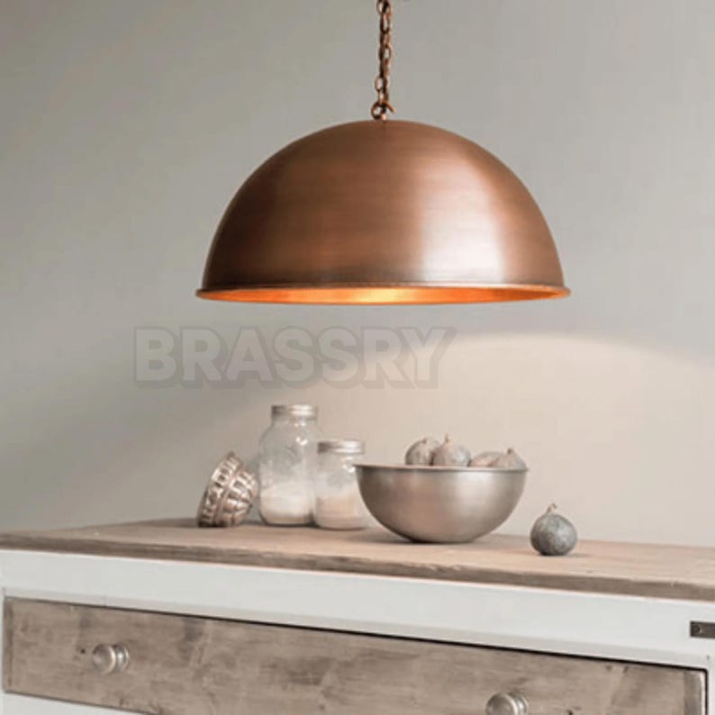 Rusted Moroccan Hammered Metal Copper Pendant Light – Dome Ceiling Lamp for Kitchen Island, Oxidized Copper Farmhouse Light