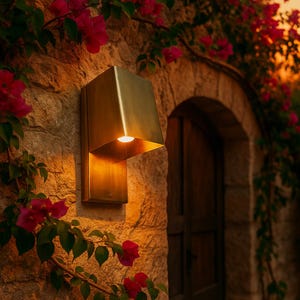 Könnte beinhalten: Messing-Außenwandleuchte mit nach unten gerichtetem Licht. Die Leuchte ist an einer Steinmauer befestigt, mit roten Blumen und grünen Blättern im Vordergrund. Das warme Licht beleuchtet die Wand und die Umgebung.