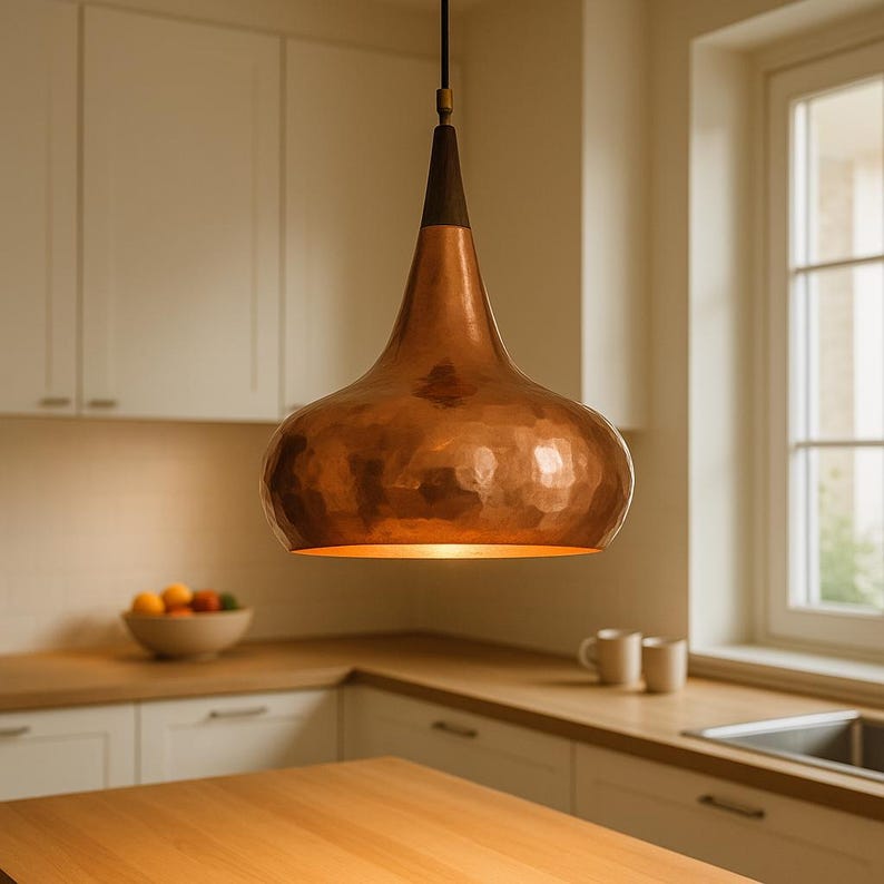 Rusted Moroccan Hammered Metal Copper Pendant Light – Dome Ceiling Lamp for Kitchen Island, Oxidized Copper Farmhouse Light