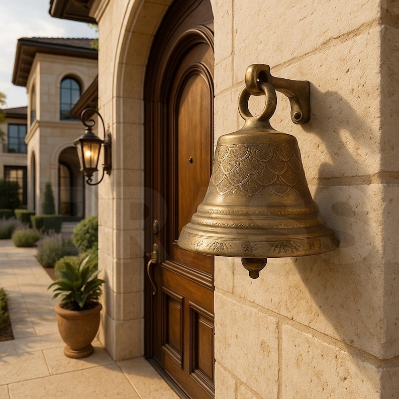 Elegant Handcrafted Solid Brass temple bell for Front Entrance – Antique-Style Decorative Bell for Mediterranean, or Luxury Home Exteriors