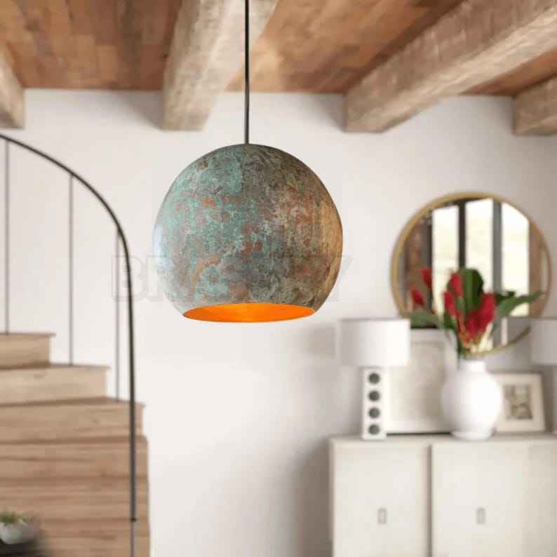 Rusted Moroccan Hammered Metal Copper Pendant Light – Dome Ceiling Lamp for Kitchen Island, Oxidized Copper Farmhouse Light image 1