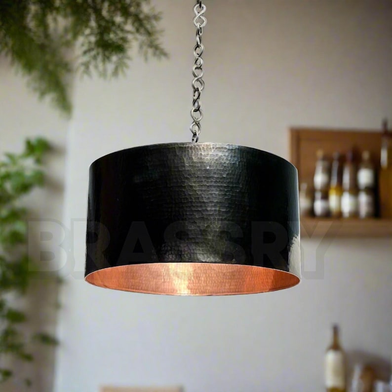 Moroccan Hand-Hammered Black Copper Drum Pendant Light – Dome Ceiling Lamp for Farmhouse Light, Ceiling Fixture with Chain Suspension