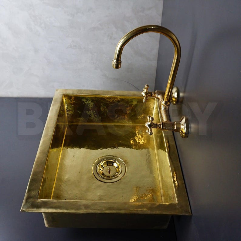 Moroccan Brass Kitchen Sink, Hand Hammered Unlacquered Brass Undermount Sink, Single Bowl Copper Sink, Rustic Farmhouse Bar & Vanity Sink image 2