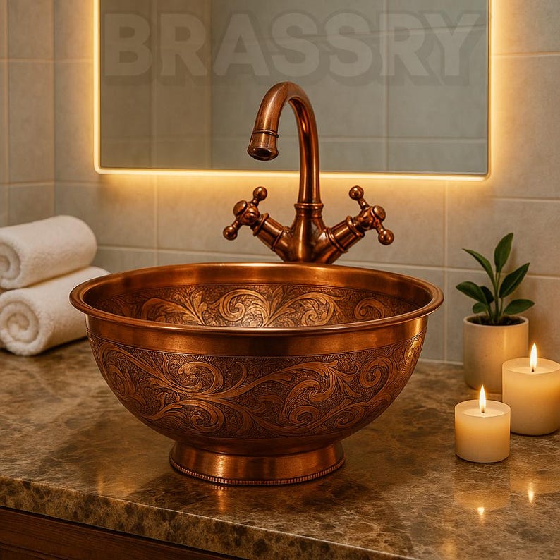 Hand Engraved Copper Vessel Sink, Moroccan Round Bathroom Countertop Basin, Rustic Antique Style, Handmade Brass Bowl for Vanity Decor image 2