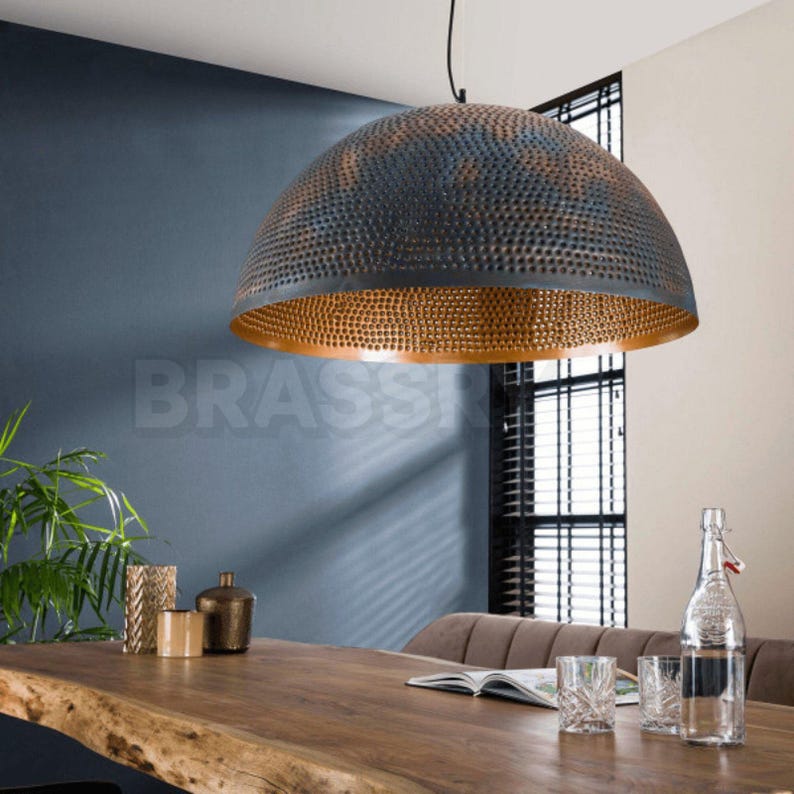 Rusted Moroccan Hammered Metal Copper Pendant Light – Dome Ceiling Lamp for Kitchen Island, Oxidized Copper Farmhouse Light