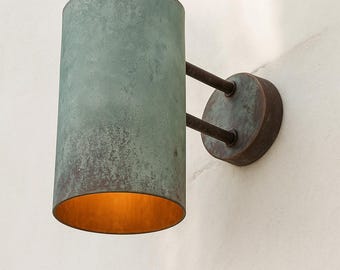 Outdoor Moroccan Copper Wall Sconce – Handcrafted Cylinder Green Patina Copper Light, Rustic Waterproof Exterior Wall Fixture for Entryway