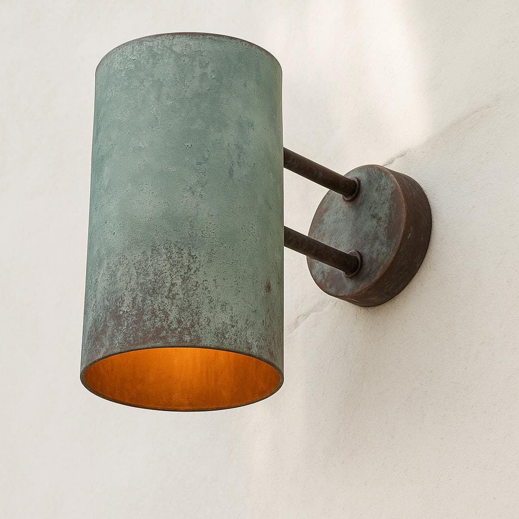 Outdoor Moroccan Copper Wall Sconce – Handcrafted Cylinder Green Patina Copper Light, Rustic Waterproof Exterior Wall Fixture for Entryway