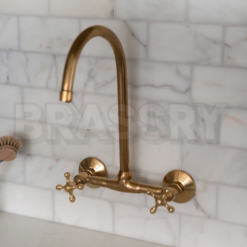 Moroccan Unlacquered Brass Wall-Mount Faucet – Handmade Double Handle Bathroom Sink Tap with Gooseneck Spout, Copper Kitchen Water Mixer Tap image 3