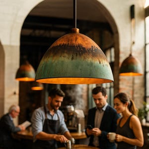 May include: A decorative pendant light with a copper finish and a green and brown patina. The bell-shaped light fixture hangs from a black rod. The interior of the lamp is a warm gold colour. Other similar lights are visible in the background.