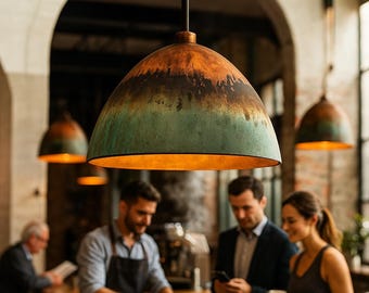 Oxidized Gradient Copper Dome Pendant Light – Rustic Patina Ceiling Fixture for Restaurants, Cafés, Kitchens & Boutique Interiors