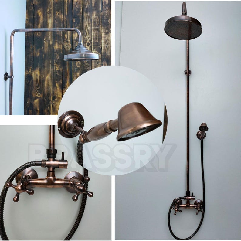 Moroccan Copper Shower System, Antique Exposed Wall-Mounted Rain Shower with Hand Sprayer, Handmade Rustic Industrial Brass Bathroom Fixture