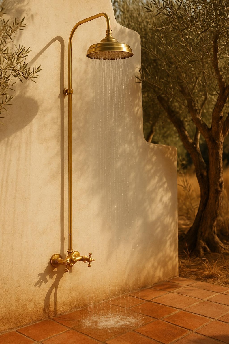 Moroccan Solid Unlacquered Brass Rain Shower System – Handmade Outdoor & Indoor Vintage Brass Shower Fixture with Round Shower Head
