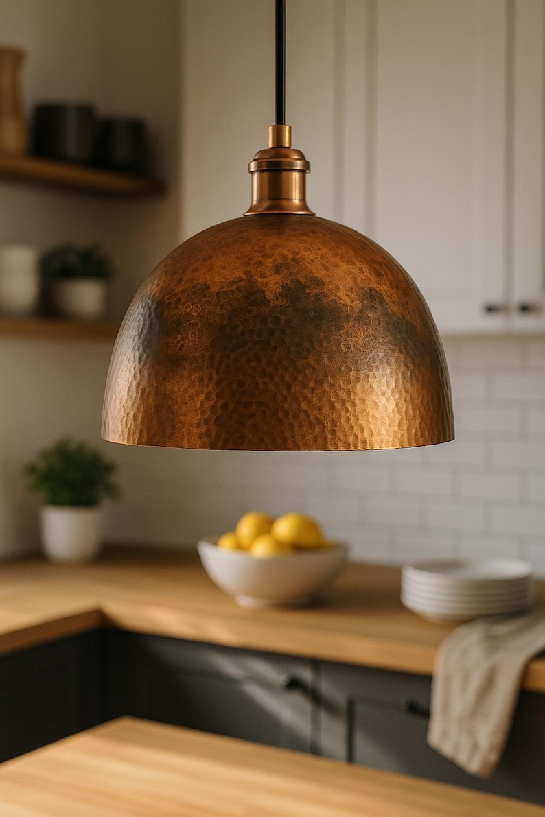 Rusted Moroccan Hammered Metal Copper Pendant Light – Dome Ceiling Lamp for Kitchen Island, Oxidized Copper Farmhouse Light