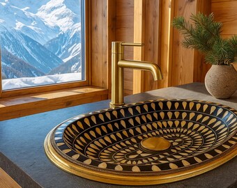 Black and Brass Inlay Drop In Bathroom Vanity Bowl – Luxury Resin Bone Oval Wash Basin – Handmade Modern Geometric Countertop Sink