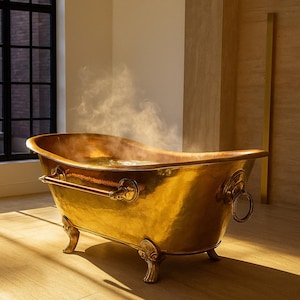 Handgefertigte Klauenfuß-Badewanne aus Goldmessing, freistehende Luxus-Badewanne mit Patina-Finish, Spa-Badewanne in Sondergrößen, rustikale Klauenfußwanne