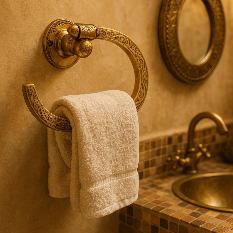 Handmade Moroccan Brass Towel Holder Ring – Vintage-Style Wall-Mounted Bathroom Accessory with Intricate Floral Engraving image 1