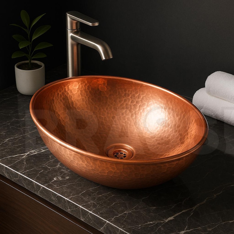 Handcrafted Moroccan Hammered Copper Vessel Sink – Round Bathroom Vanity Bowl in Warm Copper Finish – Copper Wash Basin image 1