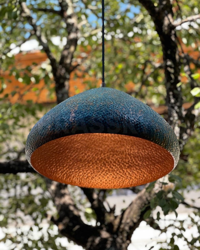 Rusted Moroccan Hammered Metal Copper Pendant Light – Dome Ceiling Lamp for Kitchen Island, Dining Room, or Boho Interior Lighting image 1