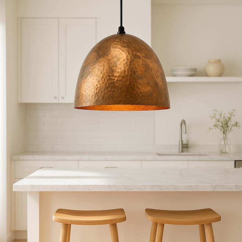 Rusted Moroccan Hammered Metal Copper Pendant Light – Dome Ceiling Lamp for Kitchen Island, Oxidized Copper Farmhouse Light image 1