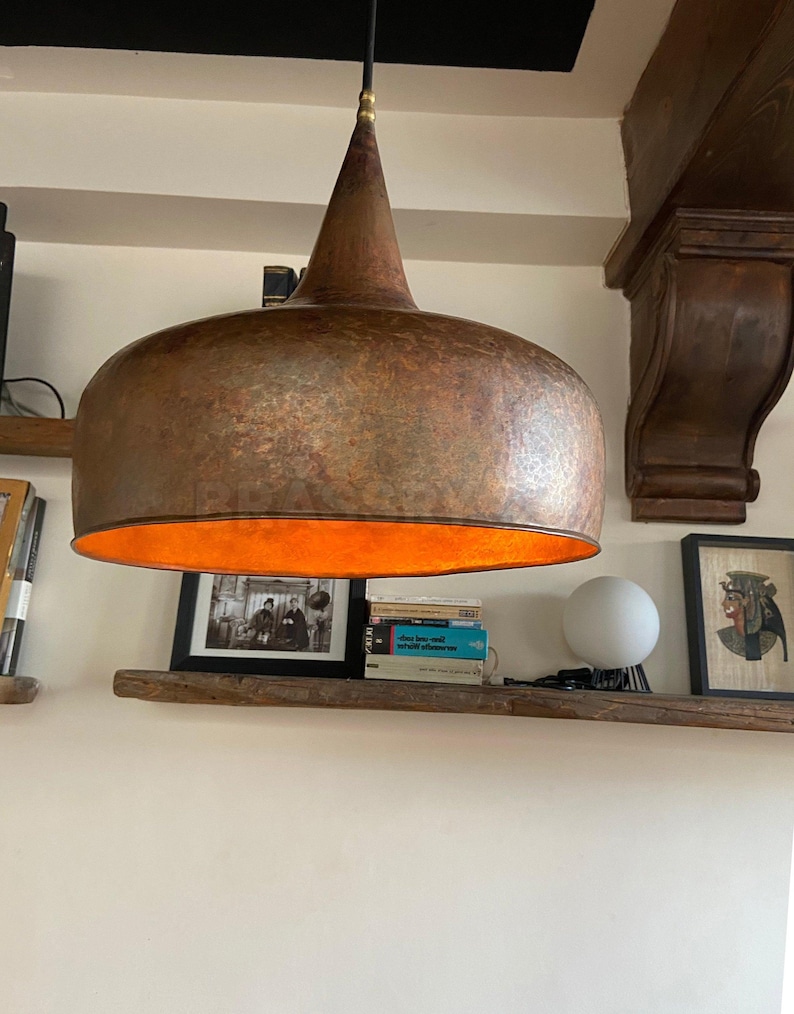 Rusted Moroccan Hammered Metal Copper Pendant Light – Dome Ceiling Lamp for Kitchen Island, Oxidized Copper Farmhouse Light