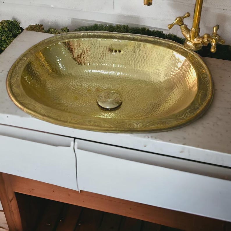 Handmade Moroccan Oval Brass Sink with Faucet – Hammered Farmhouse Bathroom Sink Set – Antique Style Vanity Basin for Outdoor or Indoor Use image 3