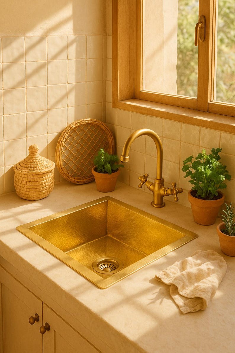 Hand-Hammered Moroccan Brass Bar Sink – Unlacquered Solid Brass Farmhouse Prep Sink for Bar, Hammered Style Water Fixture image 3