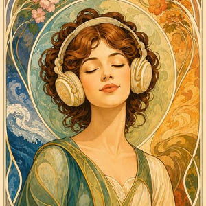 May include: A person with curly brown hair wearing white over-ear headphones, set against an ornate, circular background featuring stylized floral patterns, swirling wave motifs, and a color palette of soft blues, greens, and warm golden oranges.