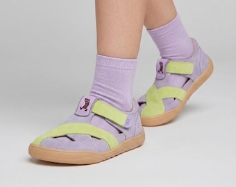 Lilac Green Suede Barefoot Sandals | Kids Wide Toe Box Summer Shoes