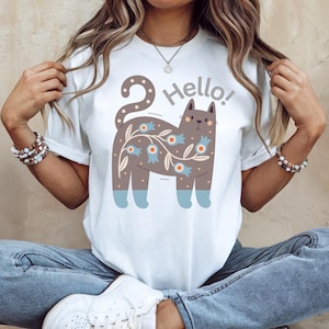 Cute cat lover T-Shirt, Floral Cat Hello Tee, Aesthetic Pet Lover Shirt Gift for women, Genz softstyle unisex gift, Friendly Catcire Top