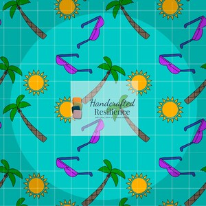 May include: A repeating pattern of cartoon sunglasses, palm trees, and suns on a teal background. The sunglasses are purple, the palm trees are brown and green, and the suns are yellow. The text "Handcrafted Resilience" is in a white box.