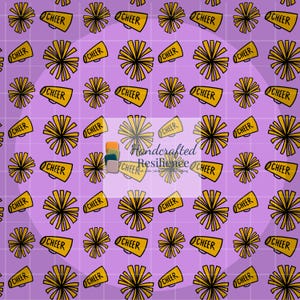 Puede incluir: Un patrón repetido de pompones y megáfonos amarillos con la palabra "CHEER" sobre un fondo lavanda. El diseño incluye un patrón de cuadrícula. La imagen también contiene el texto "Handcrafted Resilience".